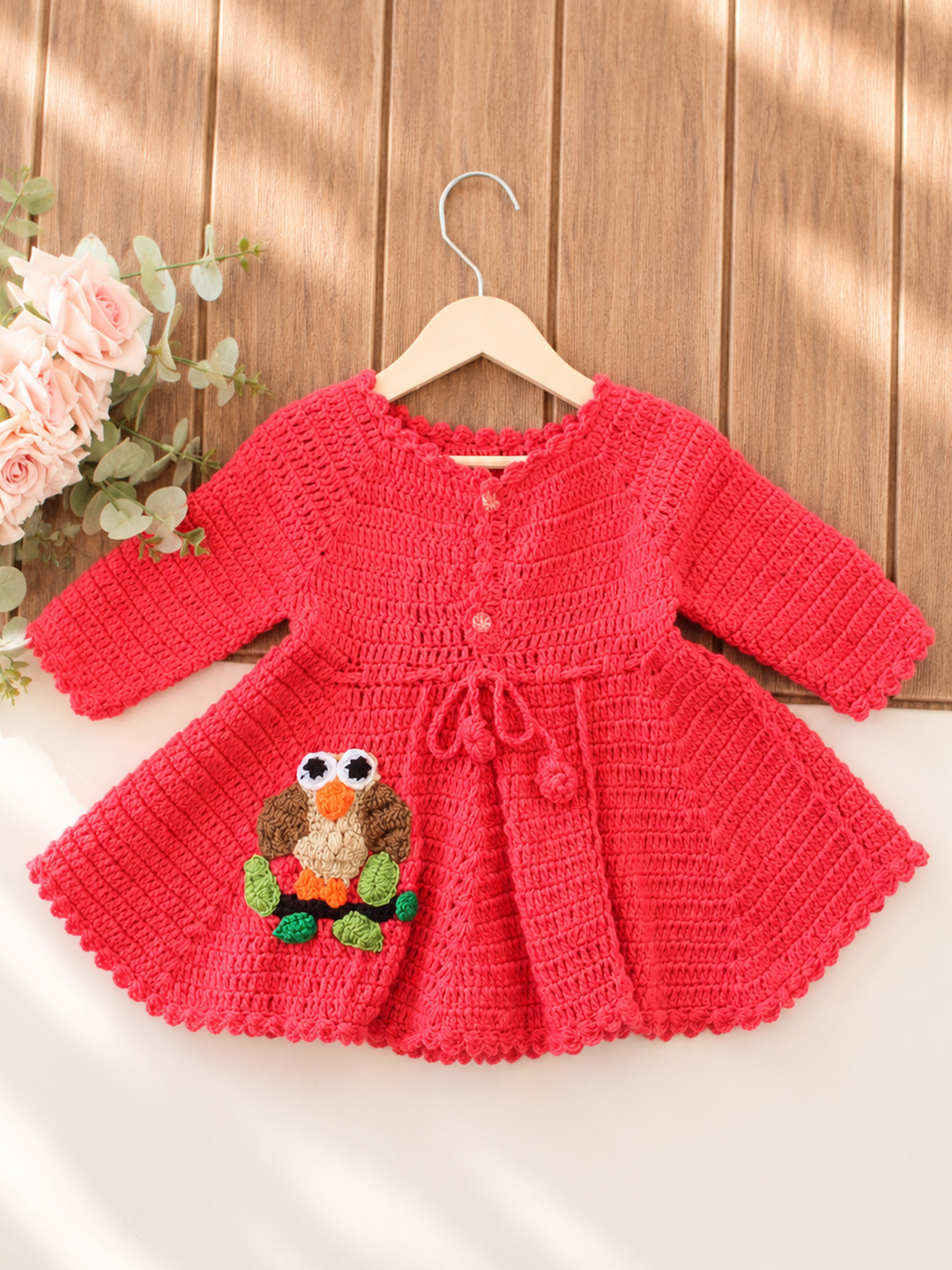 Woonie Crochet Full Sleeves Owl Applique Frock - Coral Red