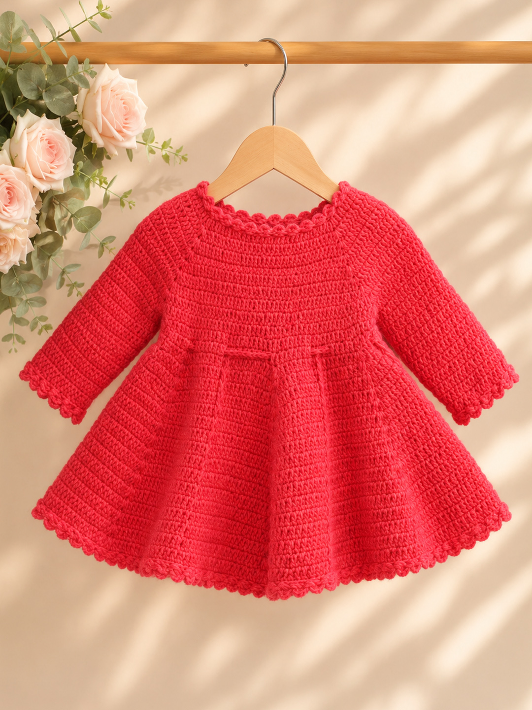 Woonie Crochet Full Sleeves Owl Applique Frock - Coral Red