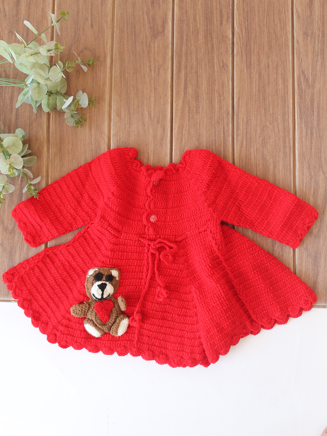 Woonie Crochet Full Sleeves Owl Applique Frock - Red