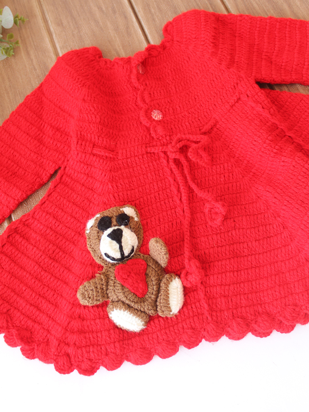 Woonie Crochet Full Sleeves Owl Applique Frock - Red