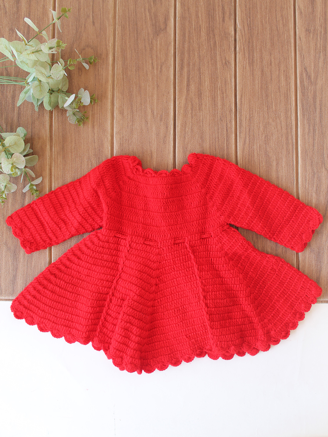Woonie Crochet Full Sleeves Owl Applique Frock - Red