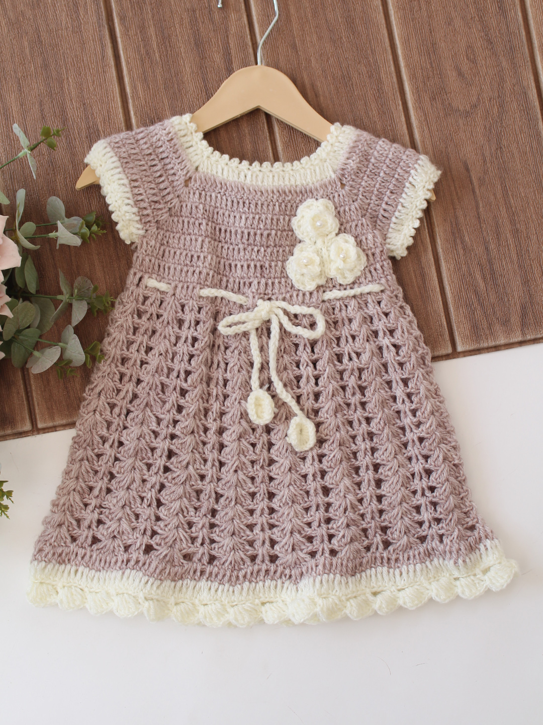 Woonie Crochet Floral Applique Frock - Beige