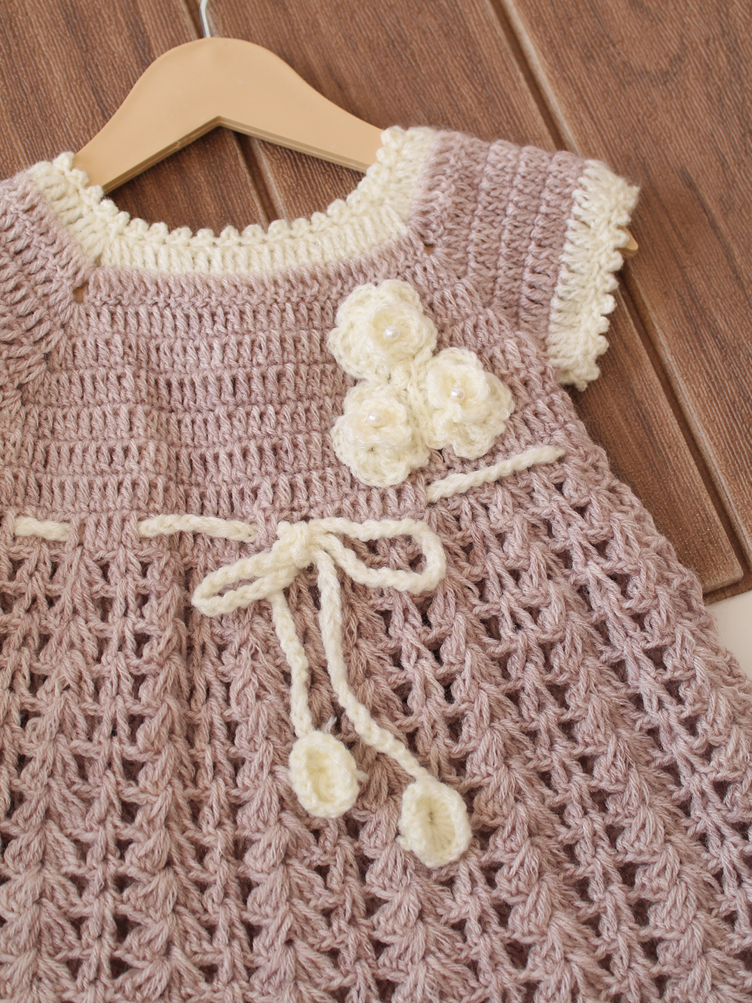 Woonie Crochet Floral Applique Frock - Beige