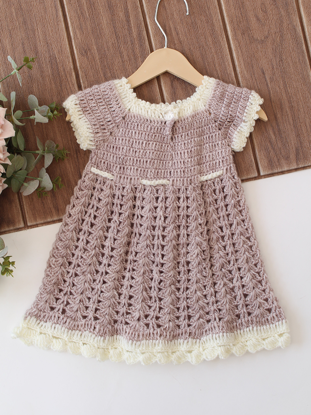 Woonie Crochet Floral Applique Frock - Beige