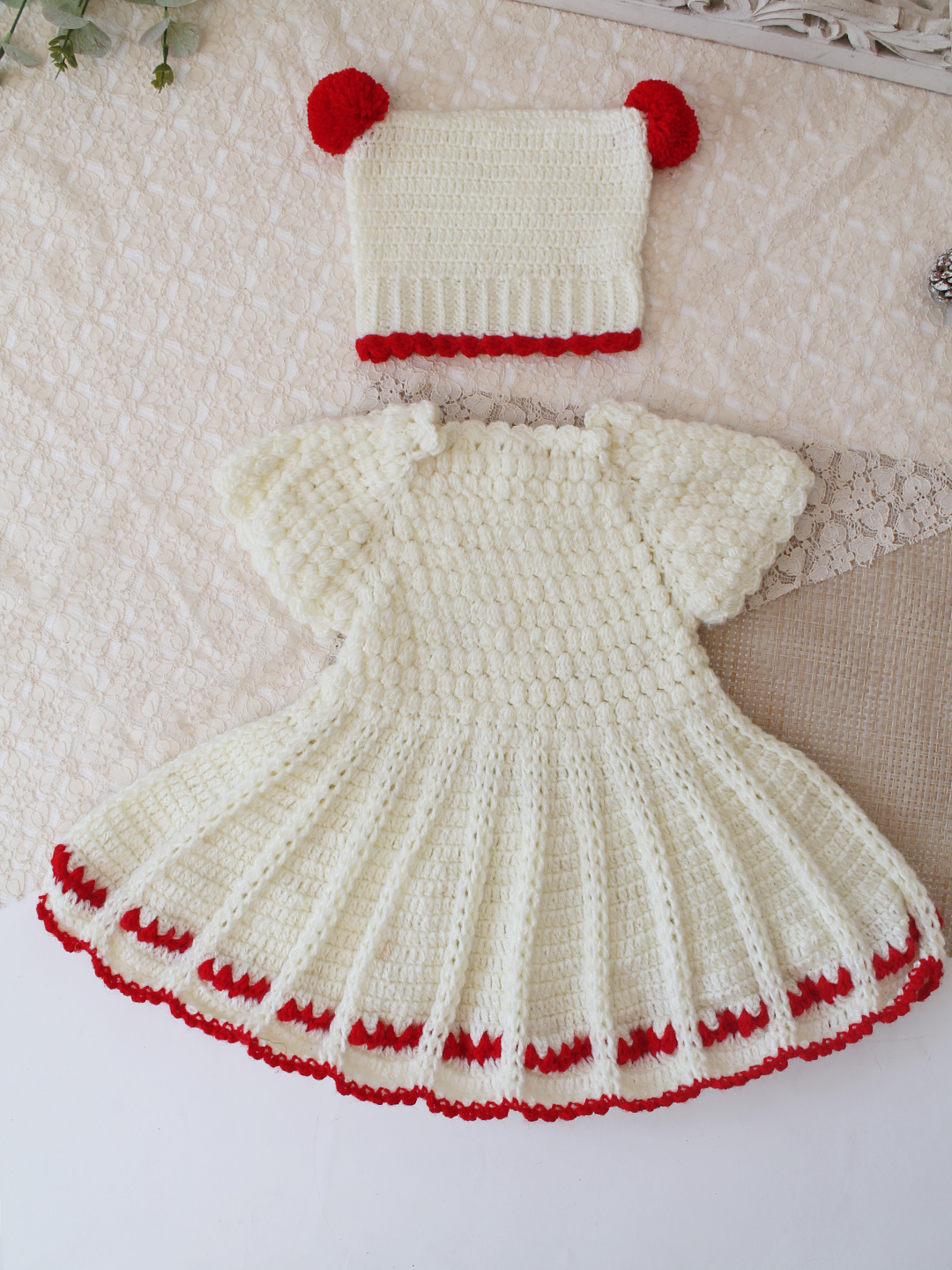 Woonie Crochet Self Design Frock with Matching Cap - Cream