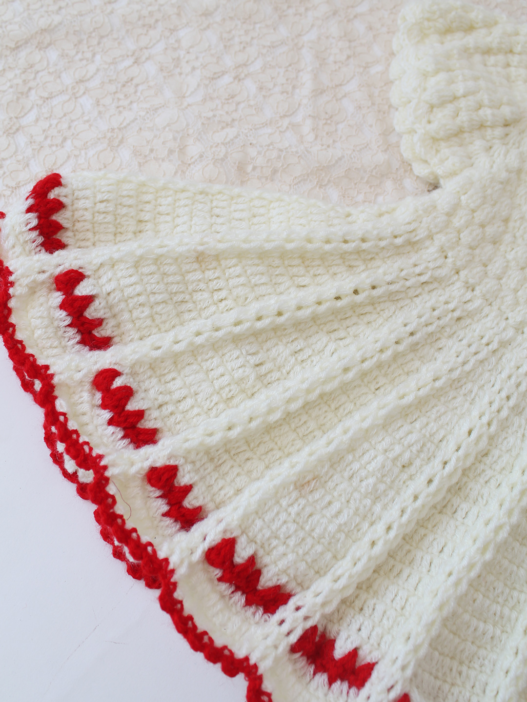 Woonie Crochet Self Design Frock with Matching Cap - Cream