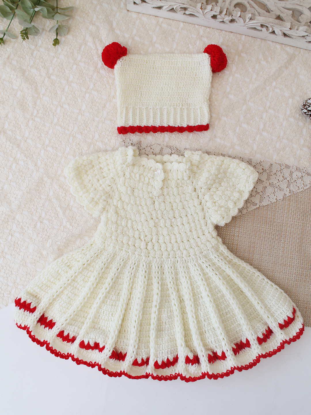 Woonie Crochet Self Design Frock with Matching Cap - Cream