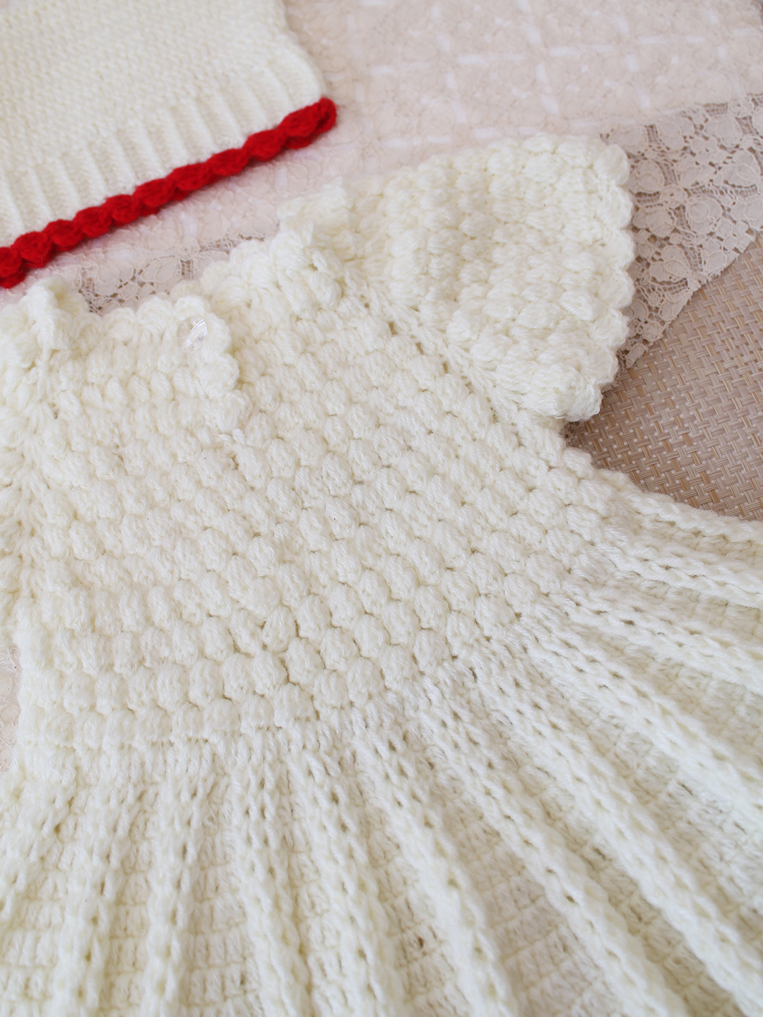 Woonie Crochet Self Design Frock with Matching Cap - Cream