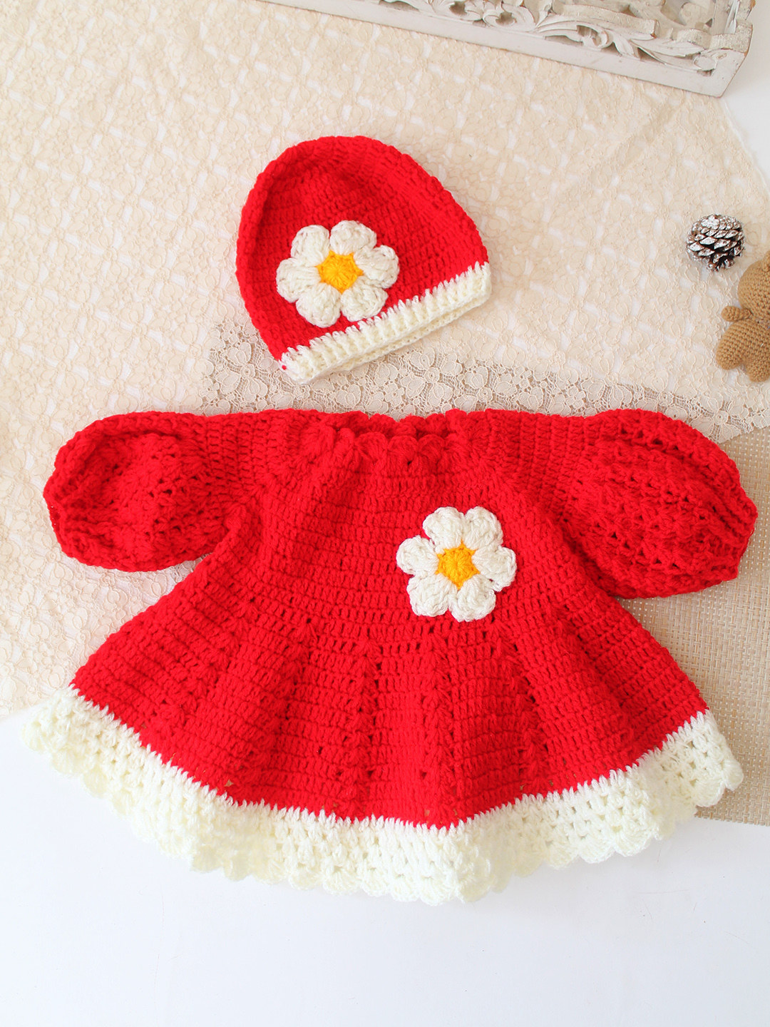 Woonie Crochet Puff Sleeves Frock Daisy Floral with Matching Cap - Red