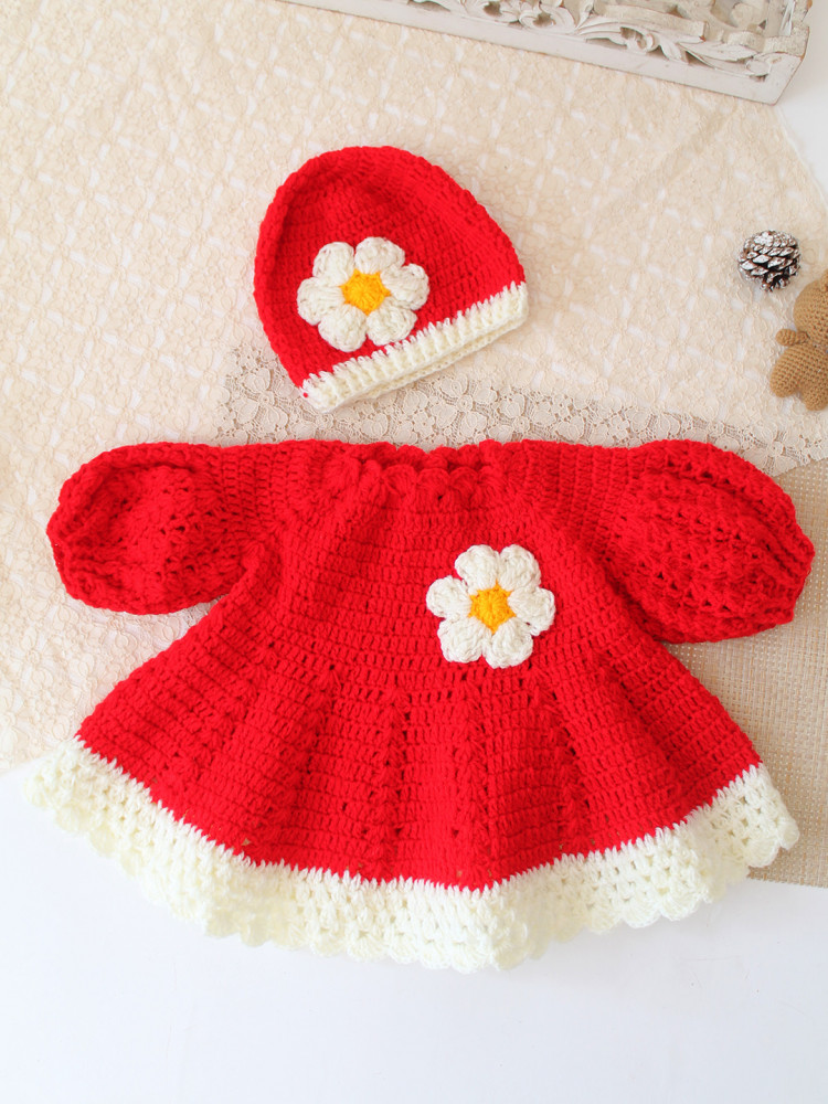 Image of Woonie Crochet Puff Sleeves Frock Daisy Floral with Matching Cap - Red