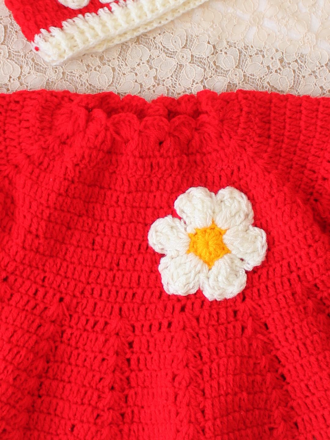 Woonie Crochet Puff Sleeves Frock Daisy Floral with Matching Cap - Red
