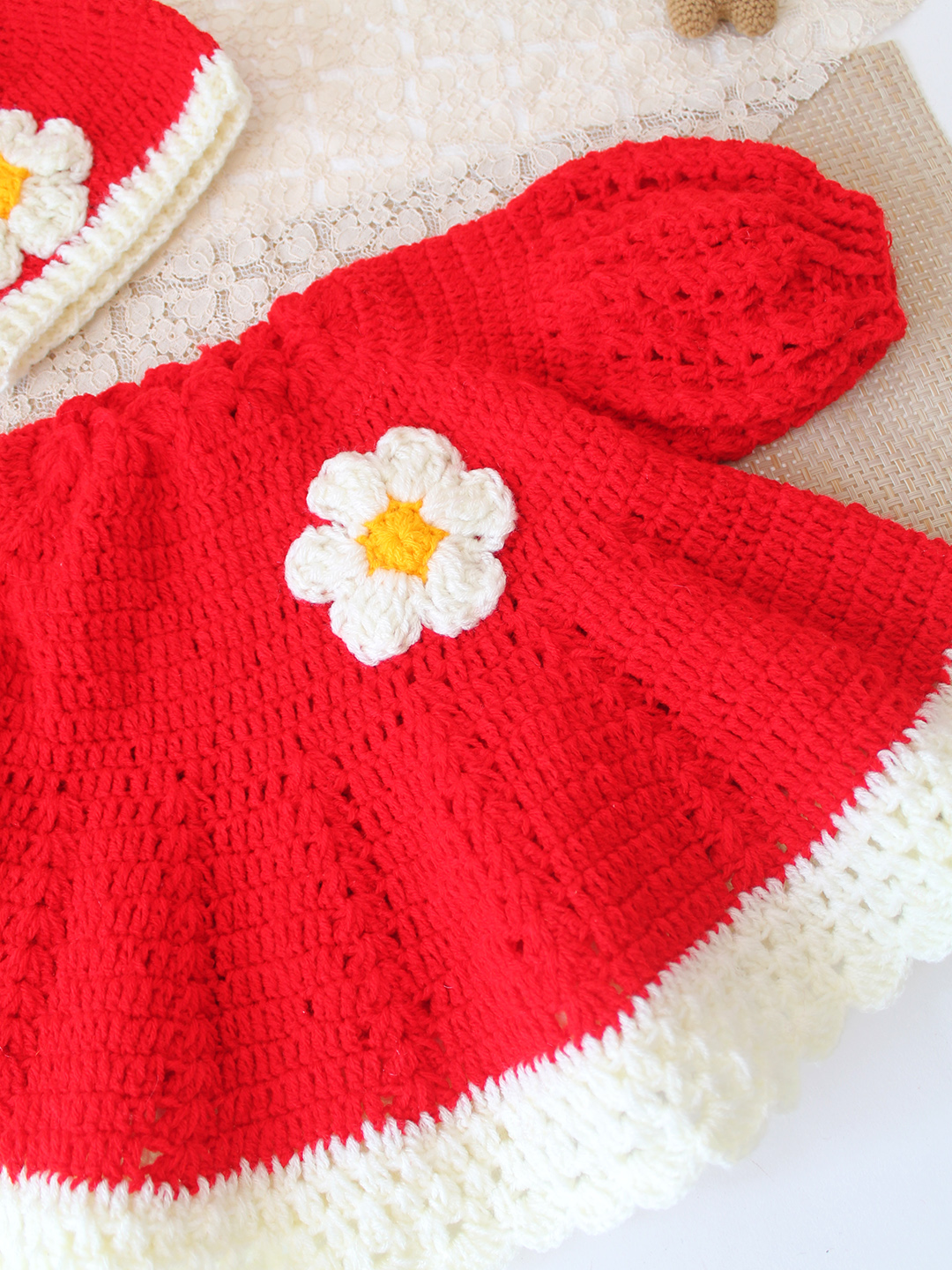 Woonie Crochet Puff Sleeves Frock Daisy Floral with Matching Cap - Red