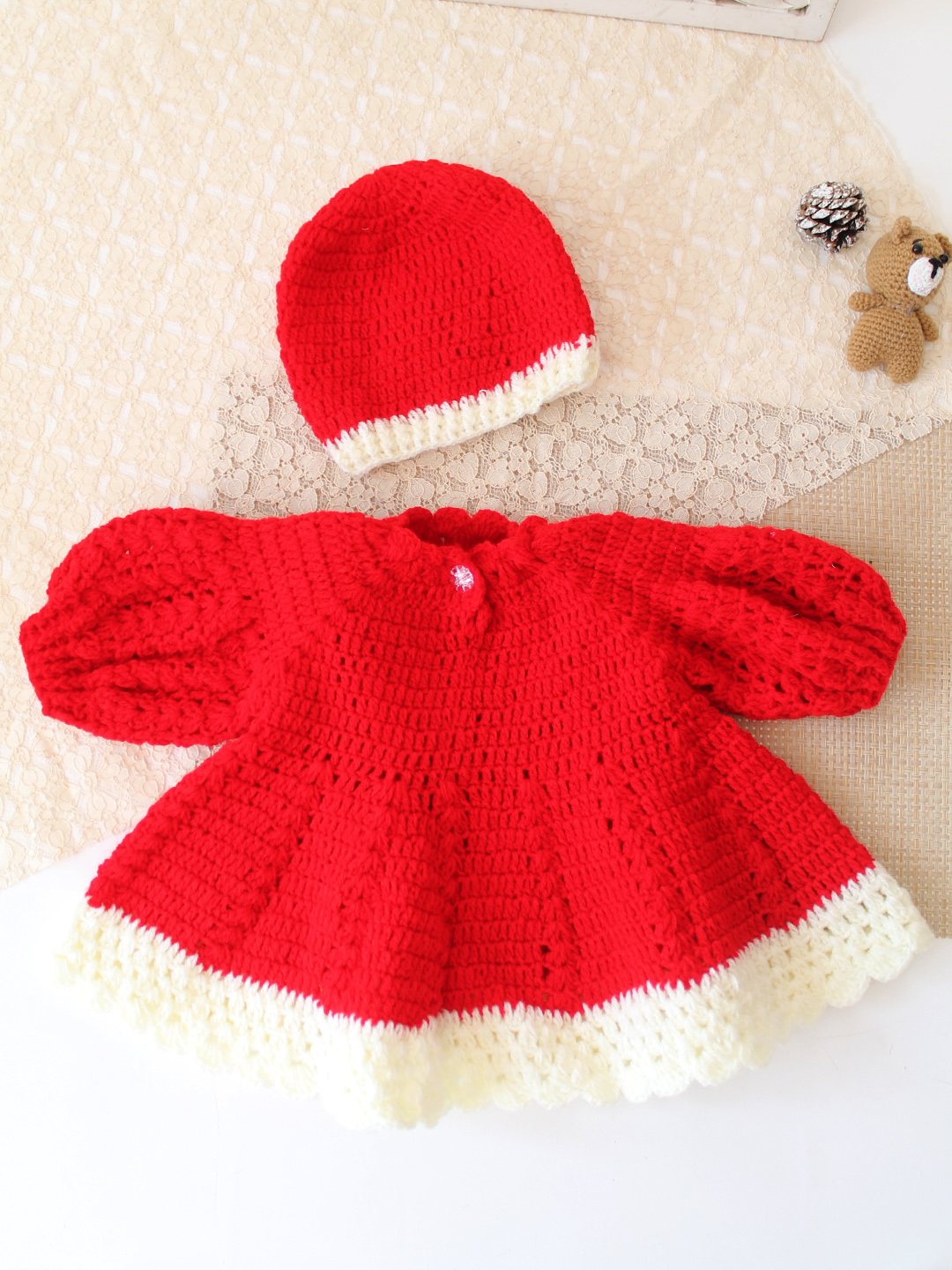 Woonie Crochet Puff Sleeves Frock Daisy Floral with Matching Cap - Red