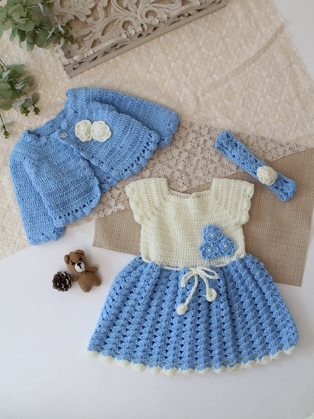 Woonie Crochet Floral Applique Frock with Matching Shrug and Headband - Sky Blue