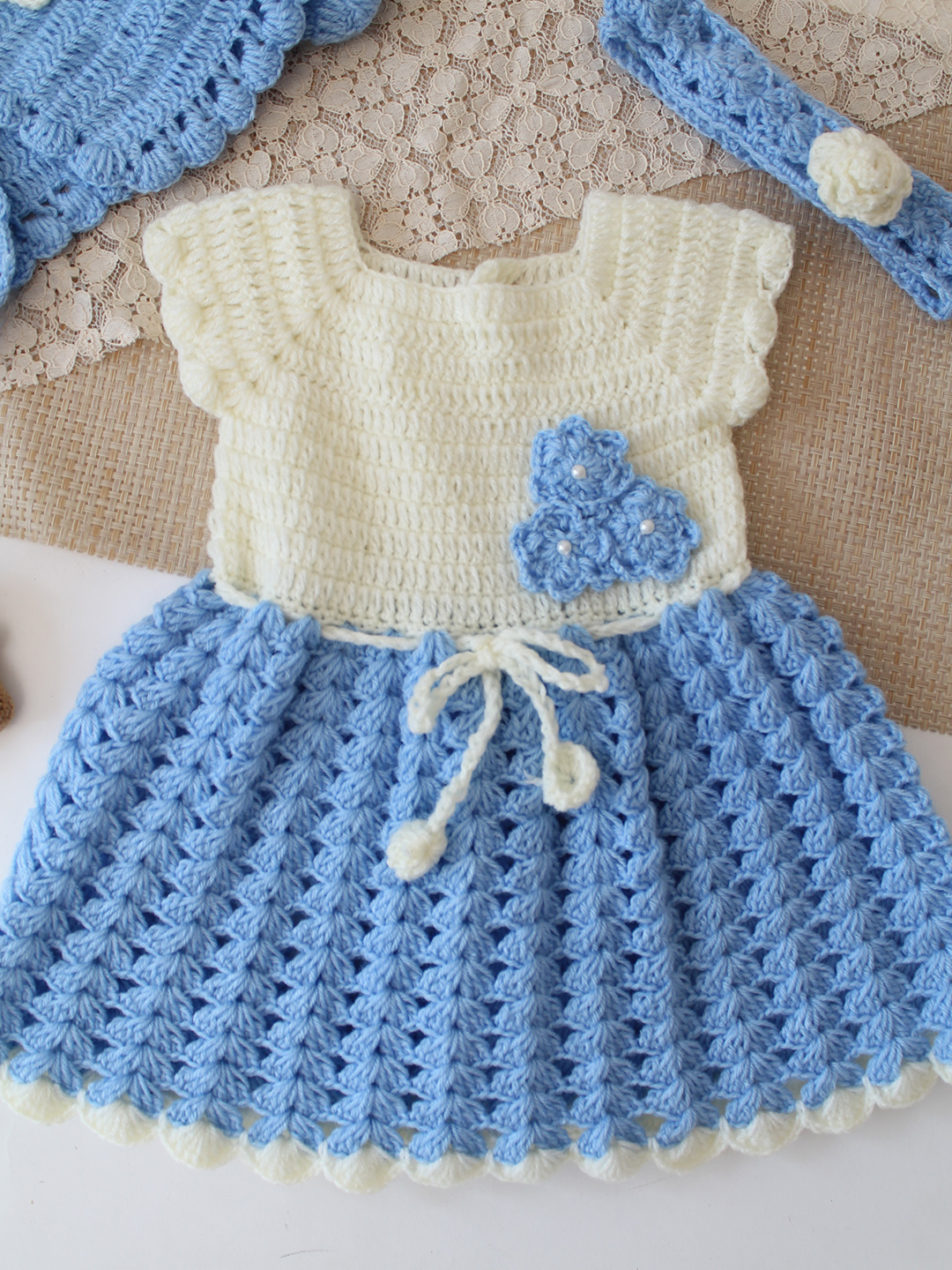 Woonie Crochet Floral Applique Frock with Matching Shrug and Headband - Sky Blue