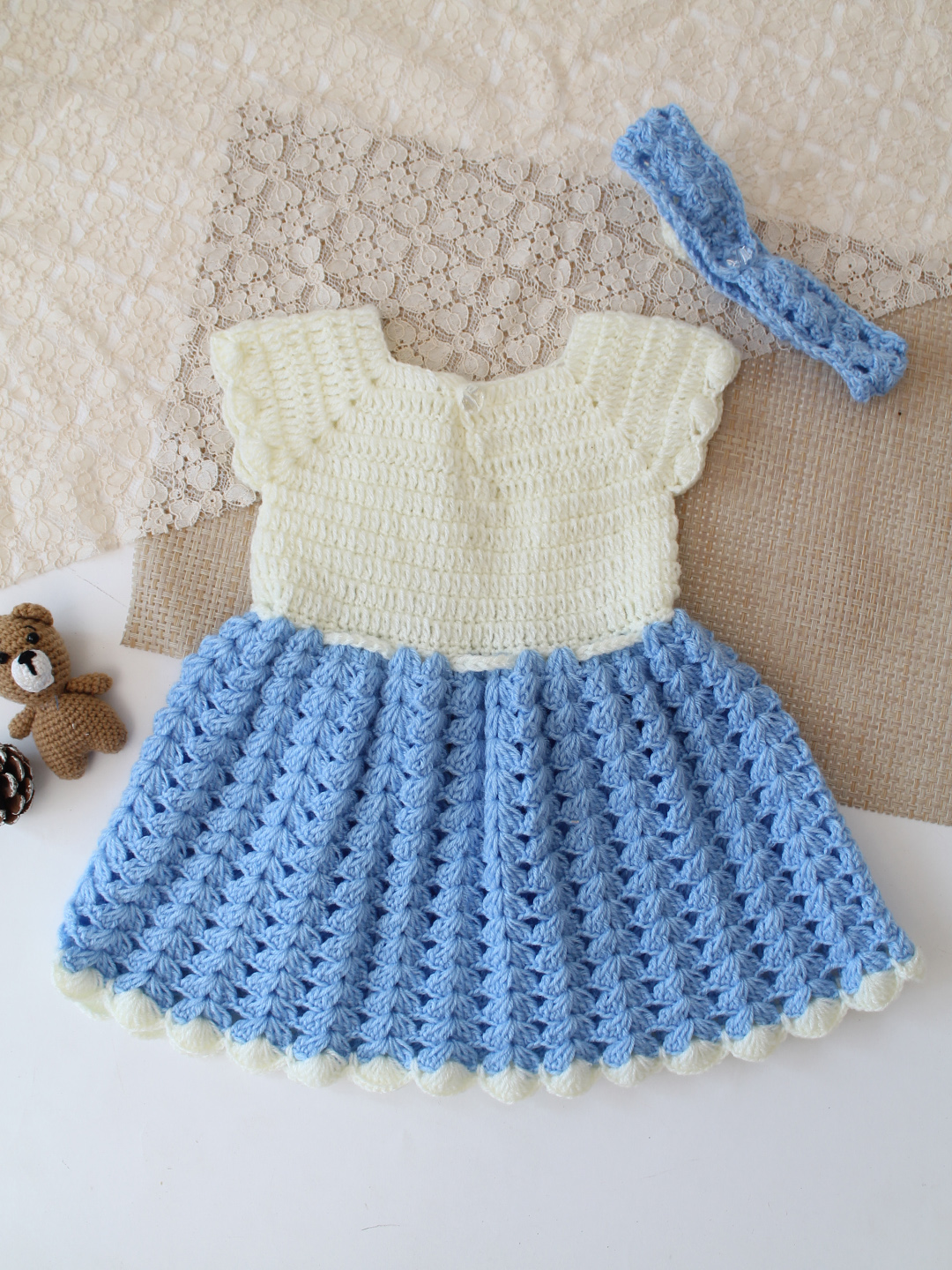 Woonie Crochet Floral Applique Frock with Matching Shrug and Headband - Sky Blue