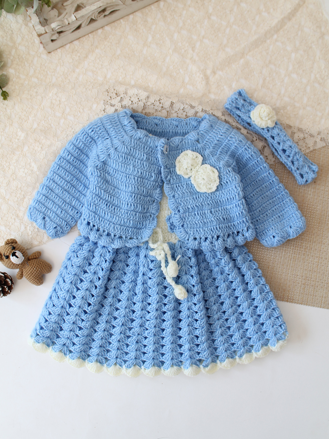 Woonie Crochet Floral Applique Frock with Matching Shrug and Headband - Sky Blue