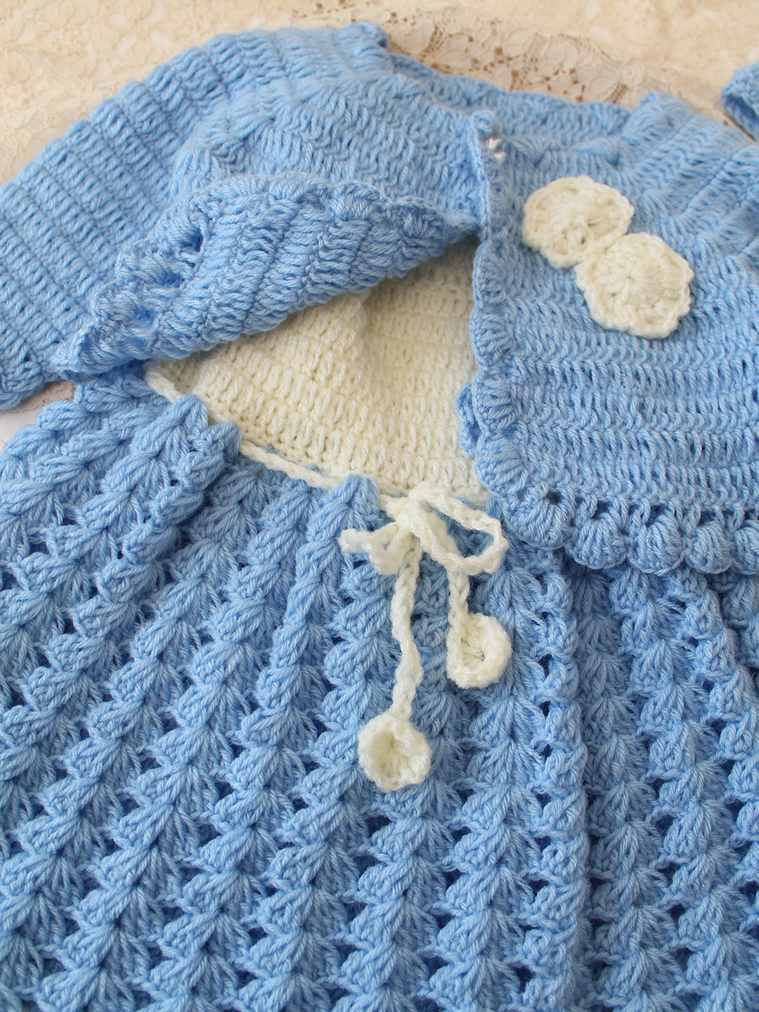 Woonie Crochet Floral Applique Frock with Matching Shrug and Headband - Sky Blue