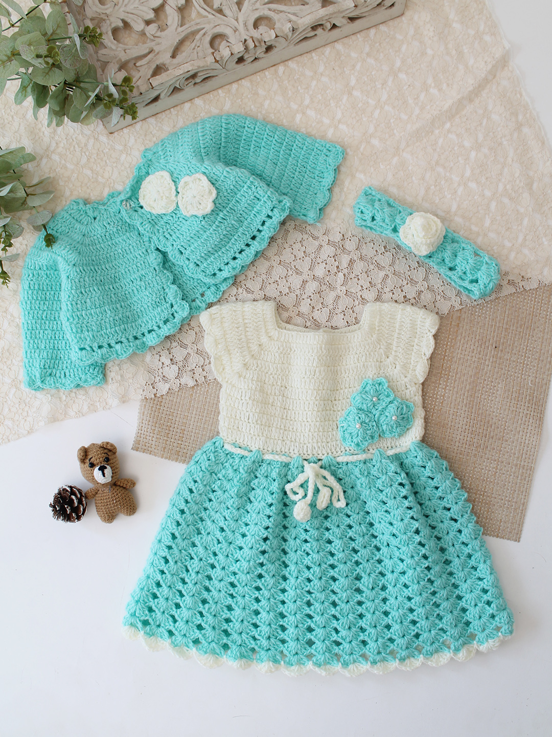 Woonie Crochet Floral Applique Frock with Matching Shrug and Headband - Sky Blue