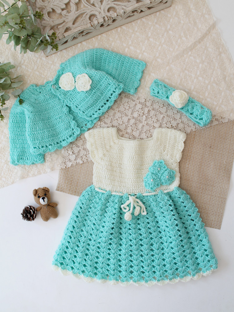 Image of Woonie Crochet Floral Applique Frock with Matching Shrug and Headband - Sky Blue