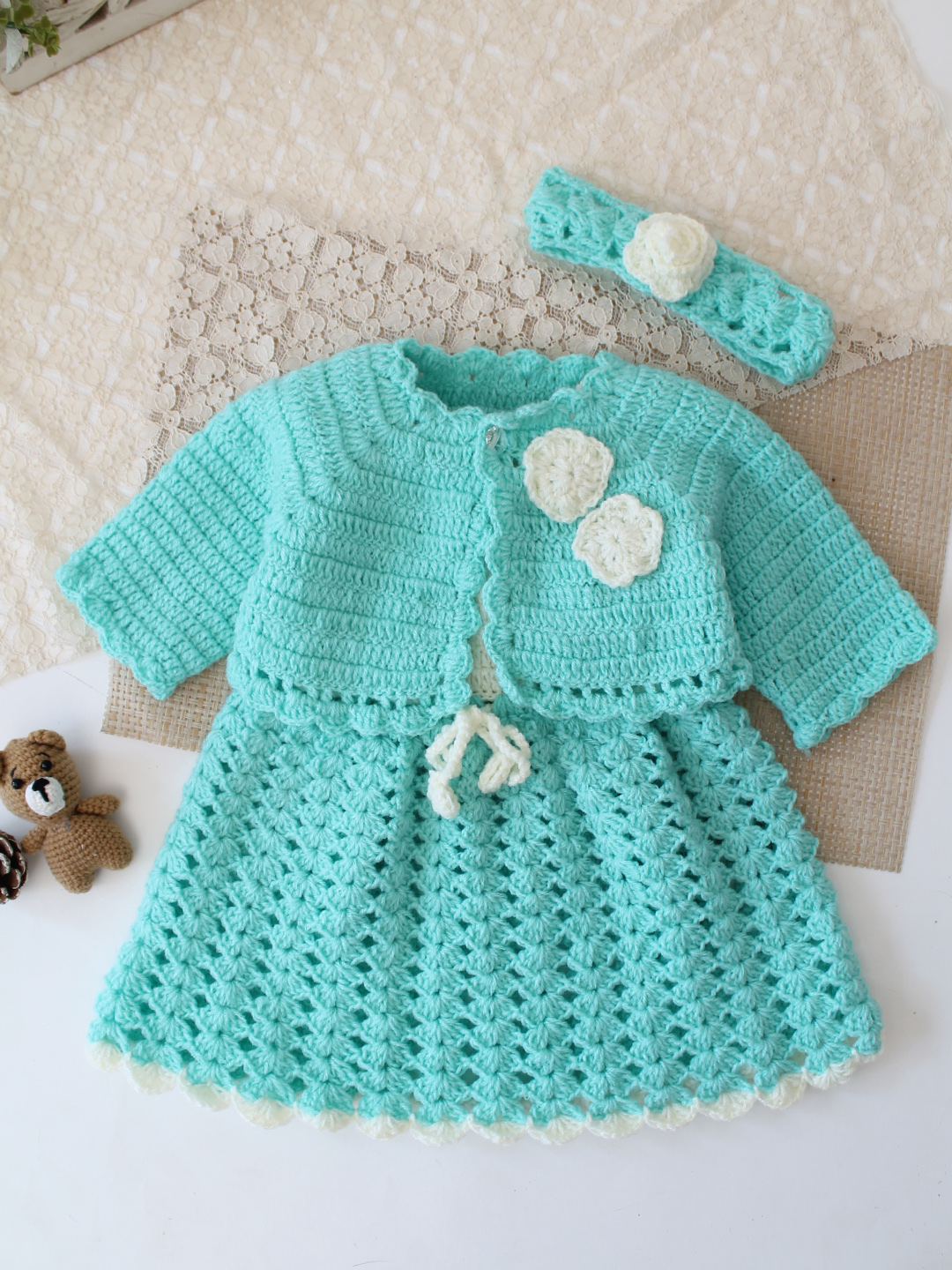 Woonie Crochet Floral Applique Frock with Matching Shrug and Headband - Sky Blue