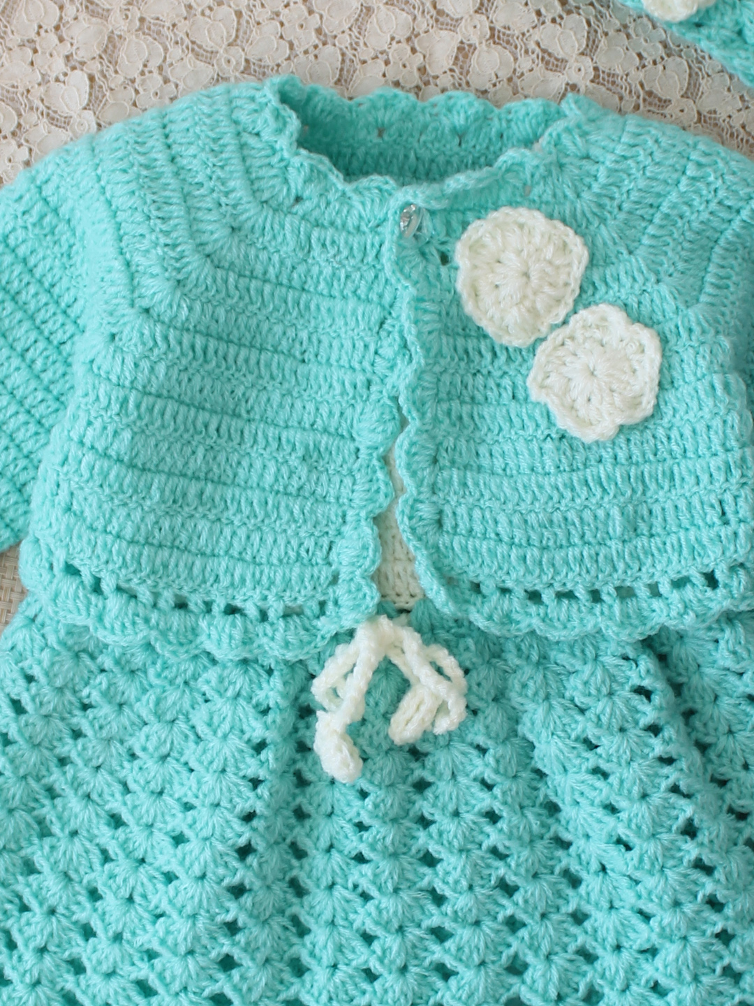 Woonie Crochet Floral Applique Frock with Matching Shrug and Headband - Sky Blue