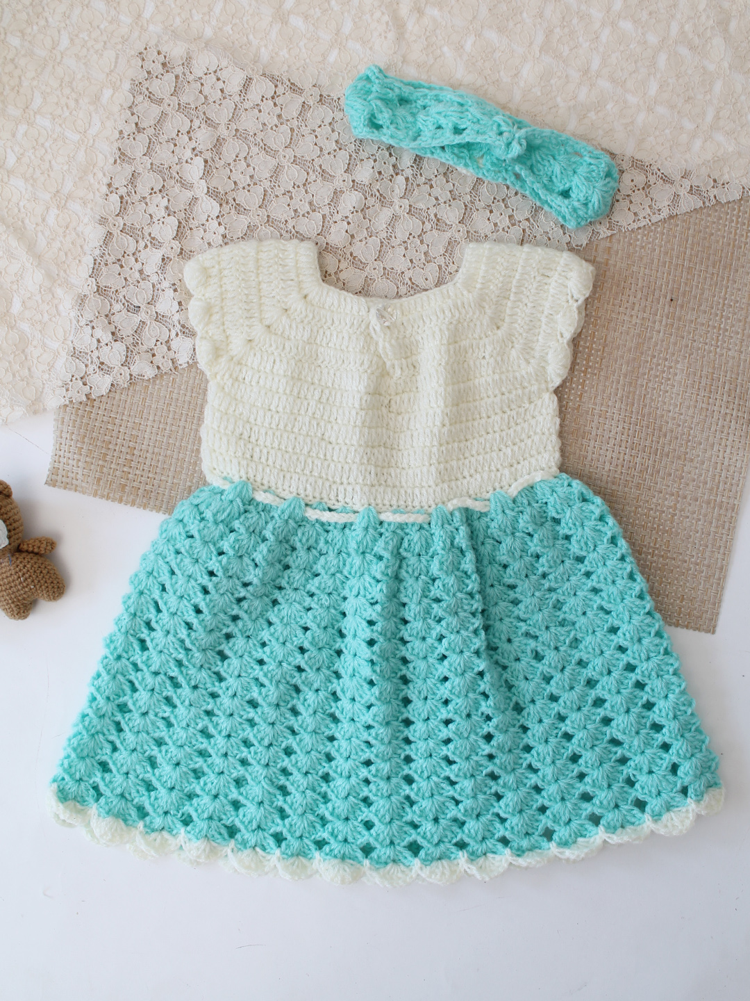 Woonie Crochet Floral Applique Frock with Matching Shrug and Headband - Sky Blue
