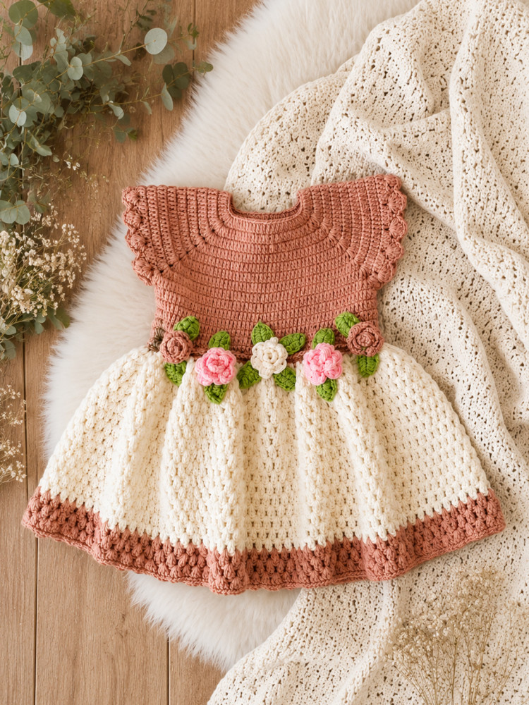 Image of Woonie Crochet Floral Applique Frock - Beige