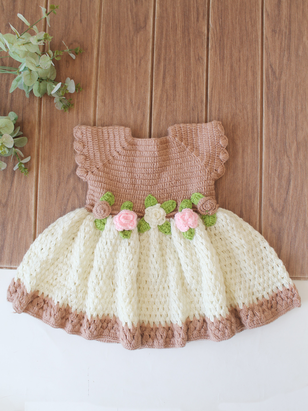 Woonie Crochet Floral Applique Frock - Beige