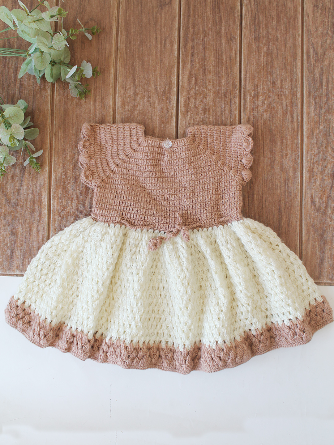 Woonie Crochet Floral Applique Frock - Beige