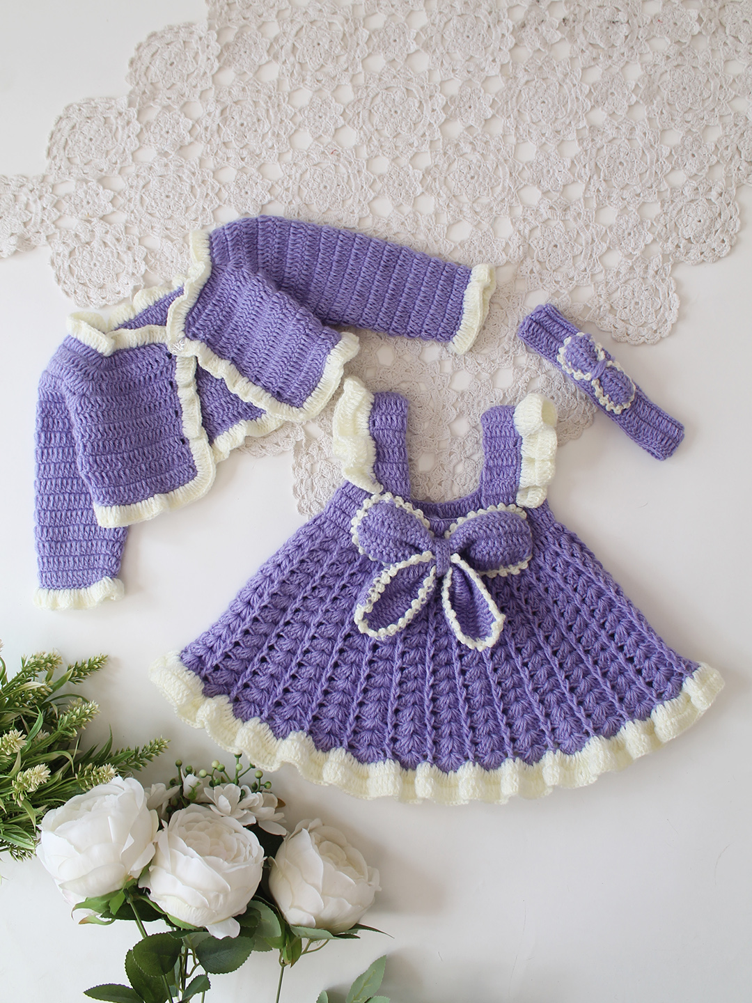 Woonie Crochet Bow Detailed Frock with Matching Shurg and Headband - Purple