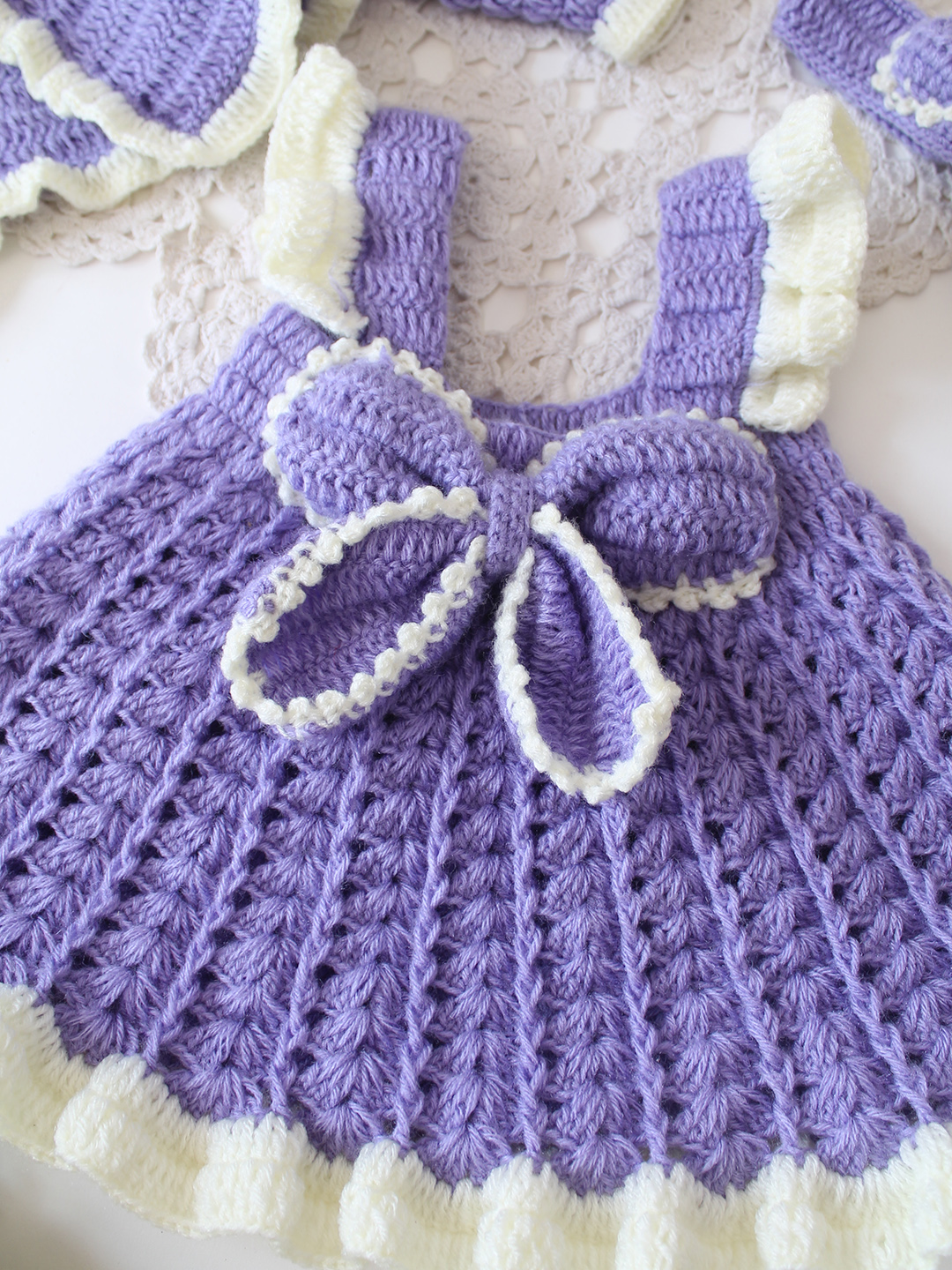 Woonie Crochet Bow Detailed Frock with Matching Shurg and Headband - Purple