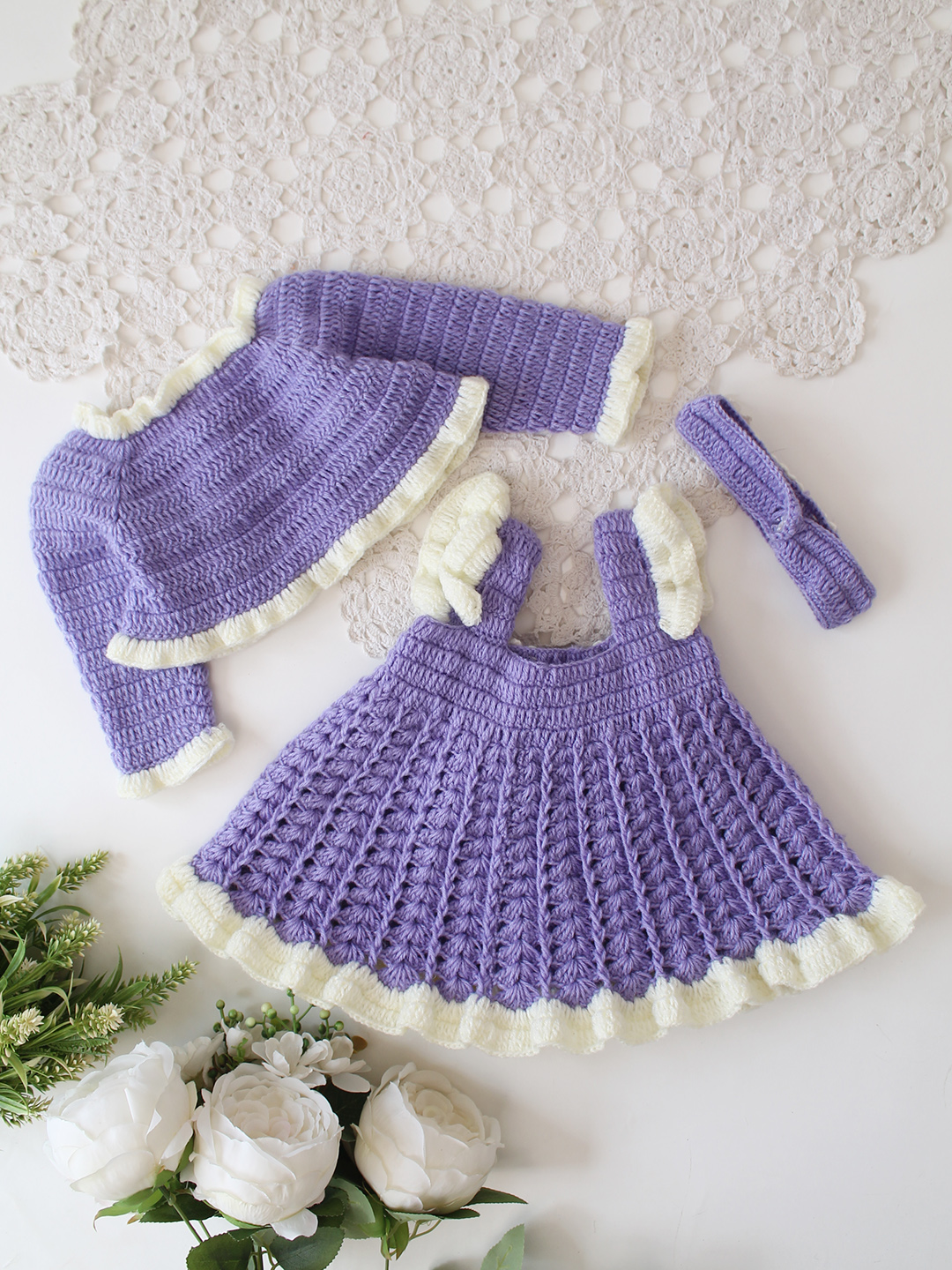 Woonie Crochet Bow Detailed Frock with Matching Shurg and Headband - Purple