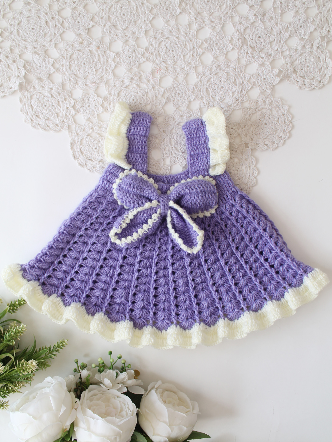 Woonie Crochet Bow Detailed Frock with Matching Shurg and Headband - Purple