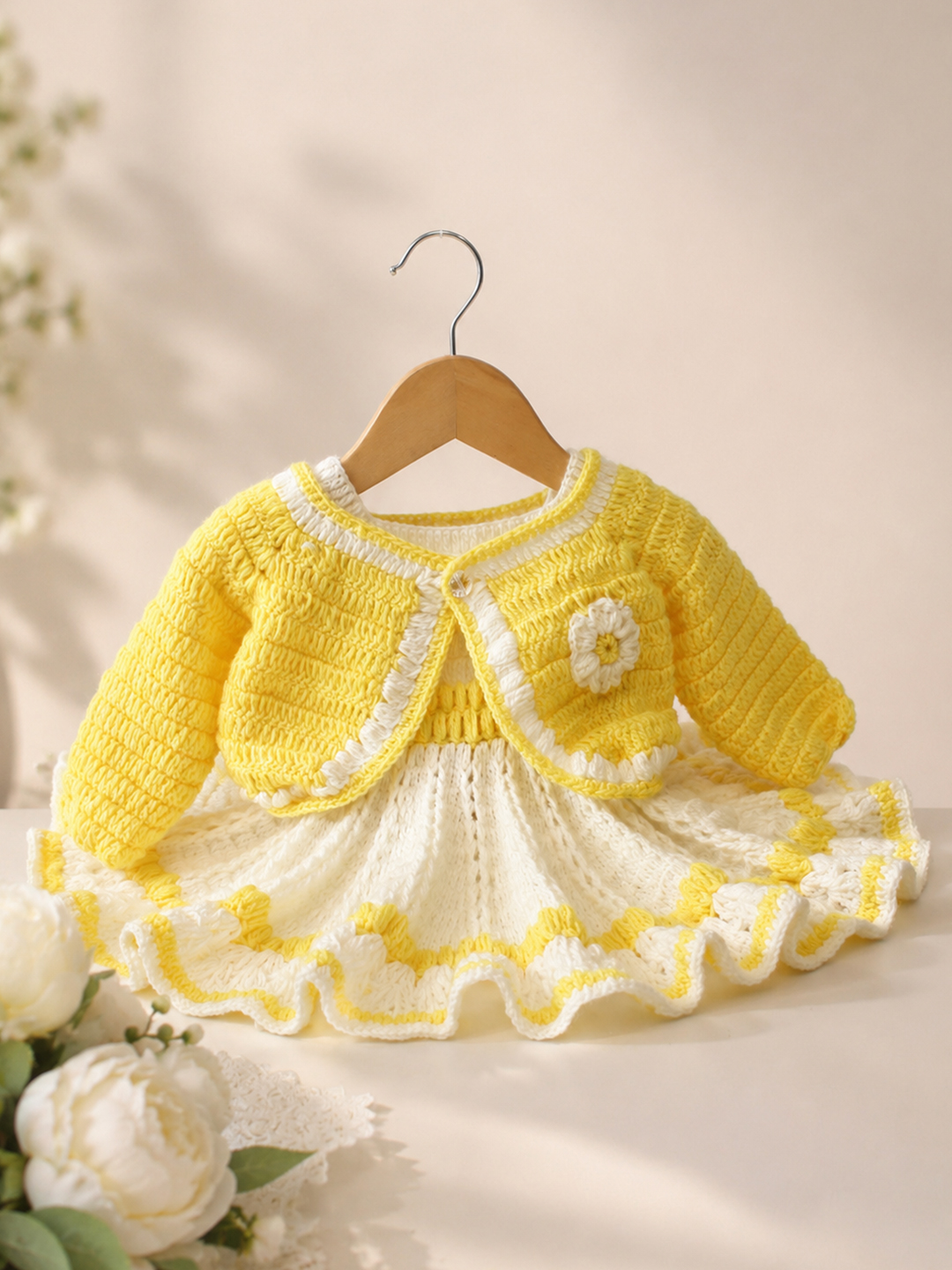 Woonie Crochet Floral Applique Frock with Matching Shurg - Cream