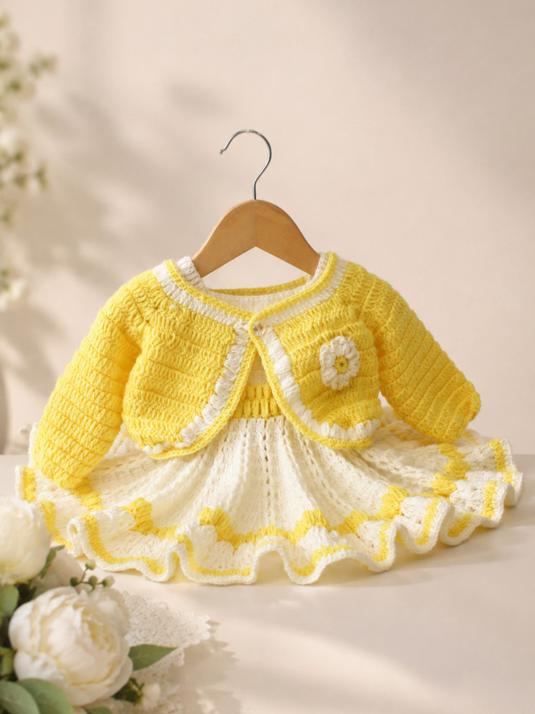 Image of Woonie Crochet Floral Applique Frock with Matching Shurg - Cream