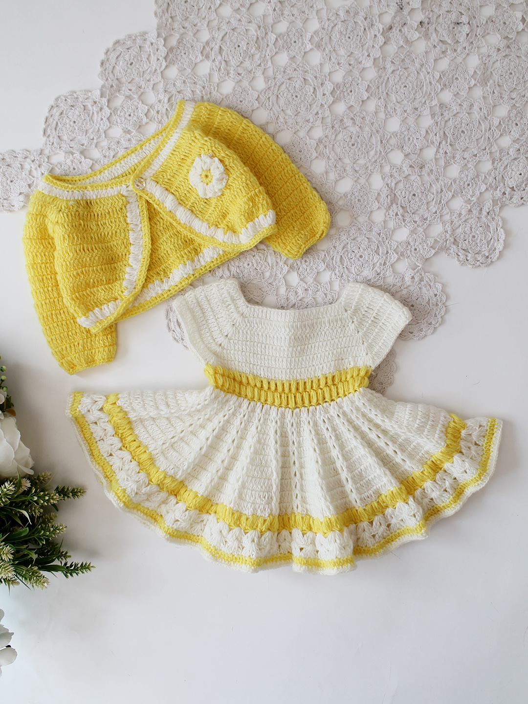 Woonie Crochet Floral Applique Frock with Matching Shurg - Cream
