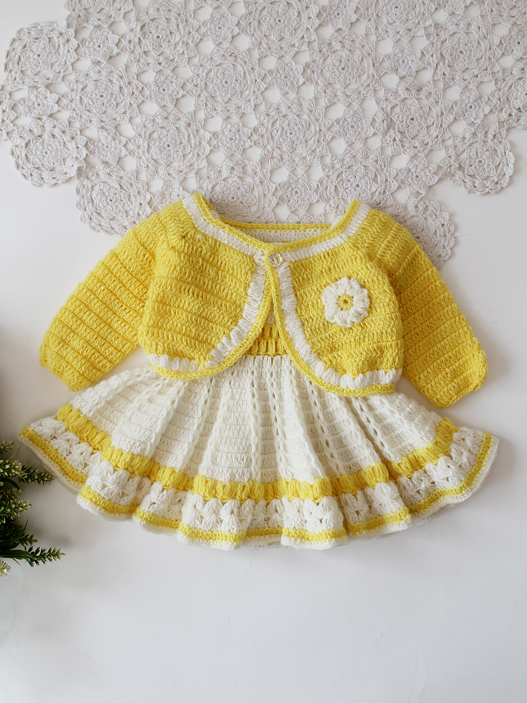 Woonie Crochet Floral Applique Frock with Matching Shurg - Cream