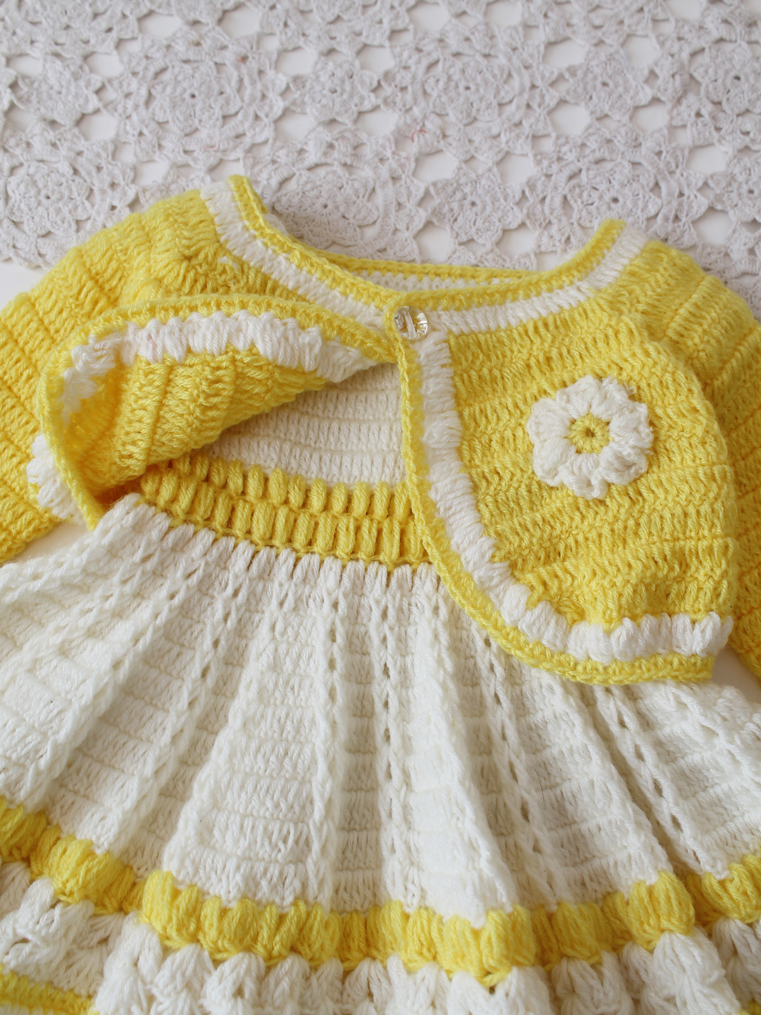 Woonie Crochet Floral Applique Frock with Matching Shurg - Cream