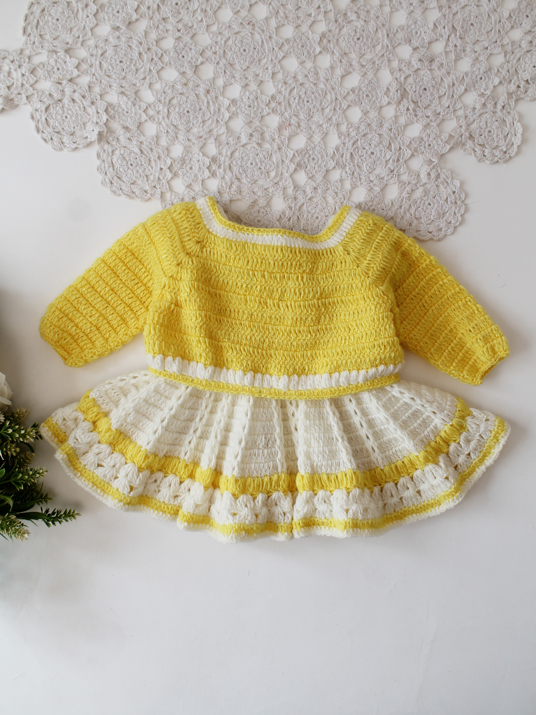 Woonie Crochet Floral Applique Frock with Matching Shurg - Cream