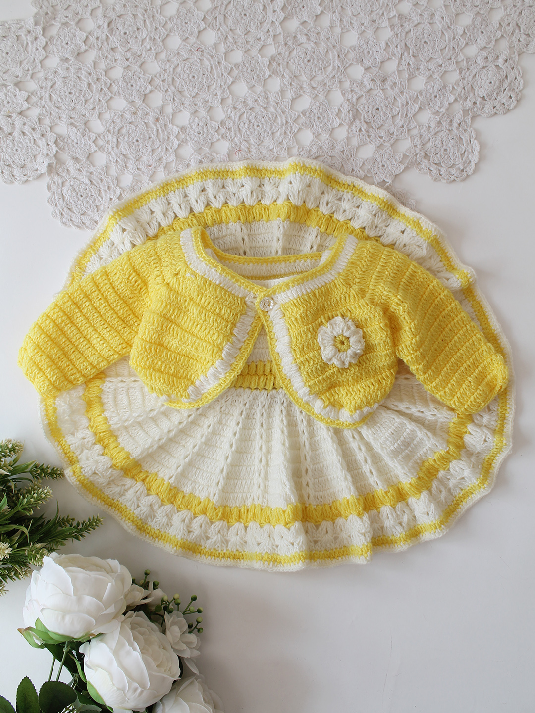 Woonie Crochet Floral Applique Frock with Matching Shurg - Cream