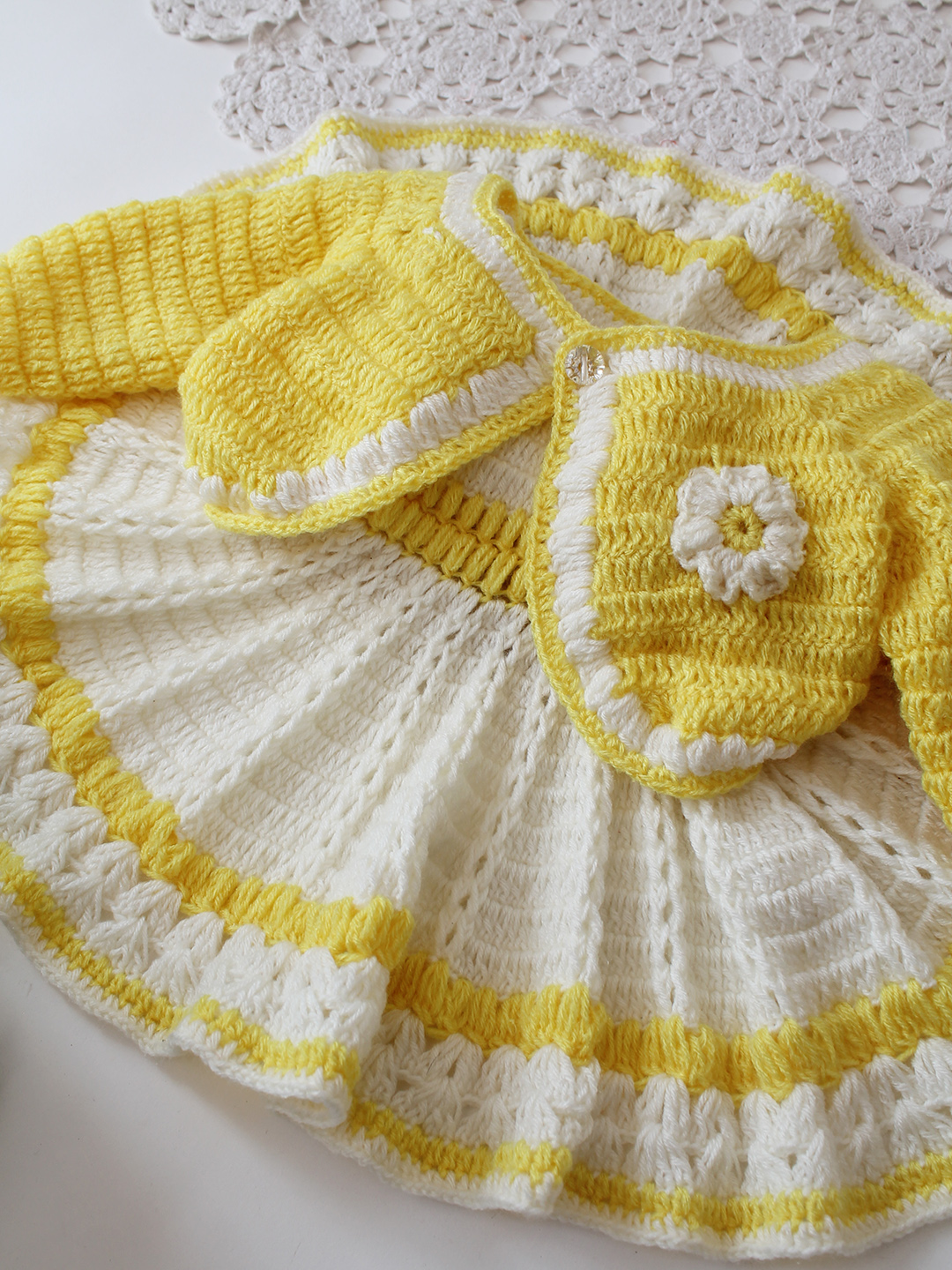 Woonie Crochet Floral Applique Frock with Matching Shurg - Cream