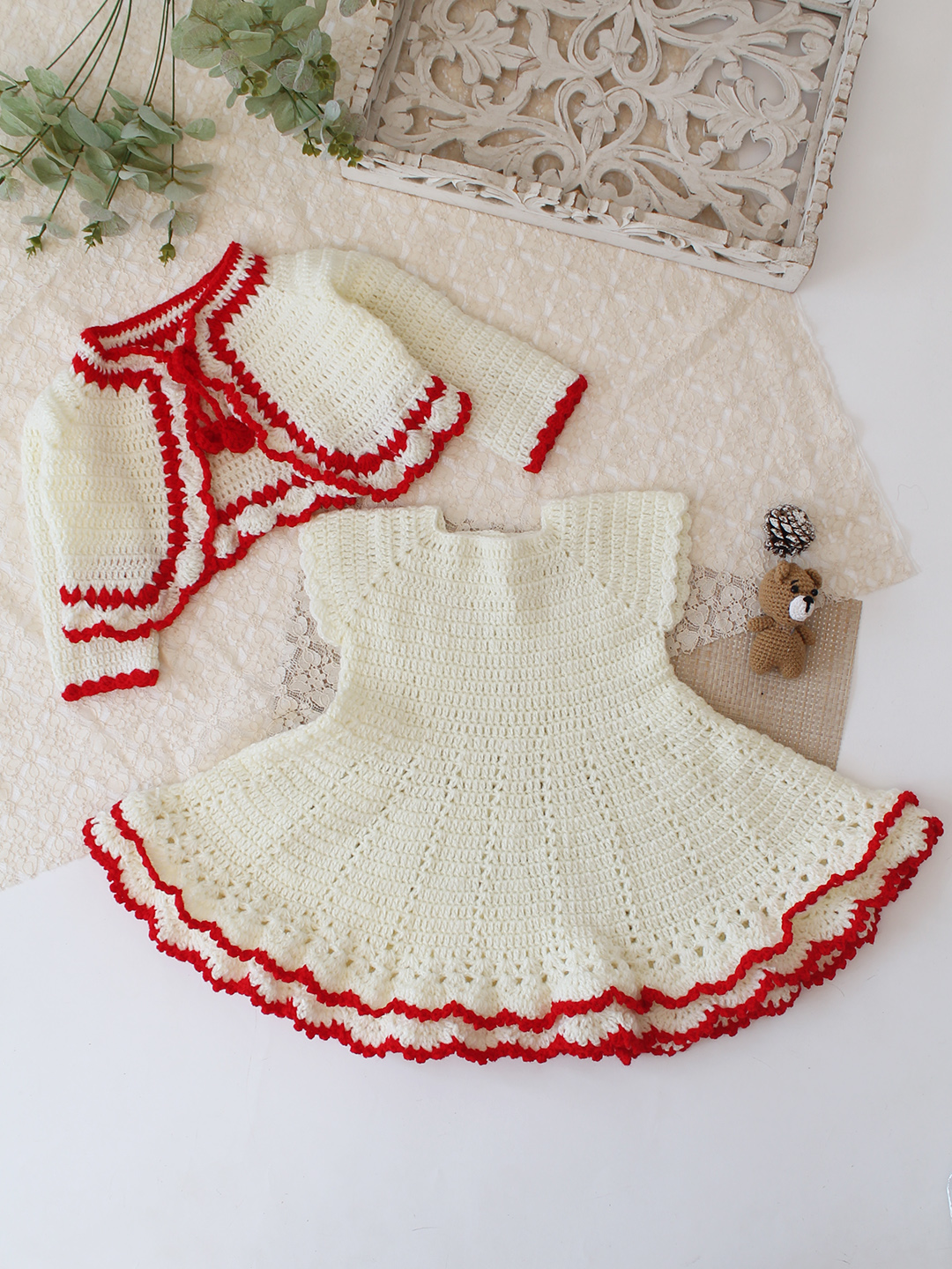 Woonie Crochet Self Design Frock with Matching Shurg - Cream