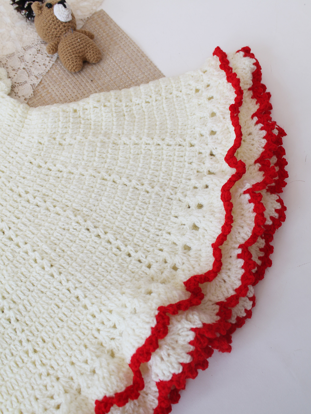 Woonie Crochet Self Design Frock with Matching Shurg - Cream