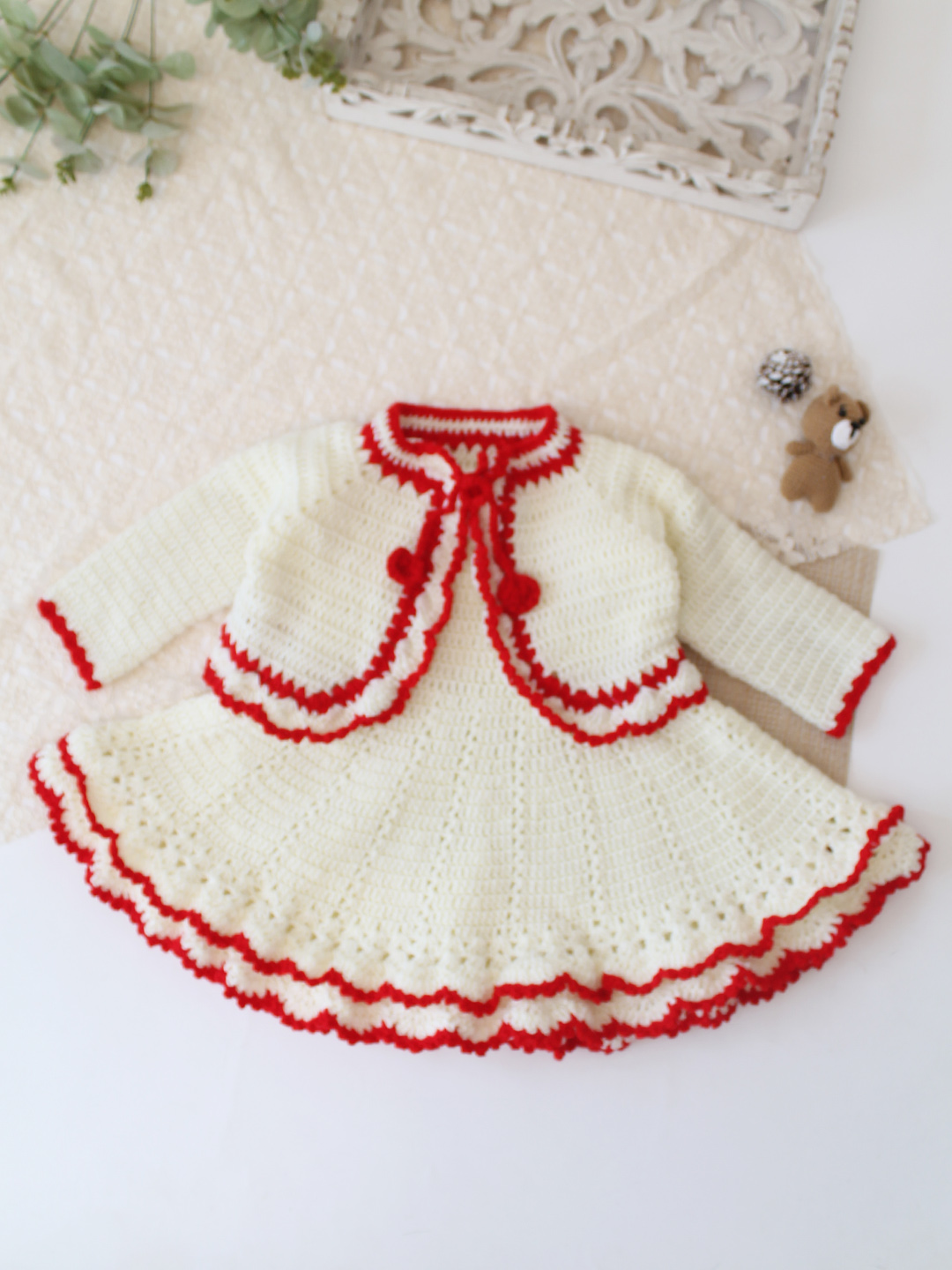 Woonie Crochet Self Design Frock with Matching Shurg - Cream