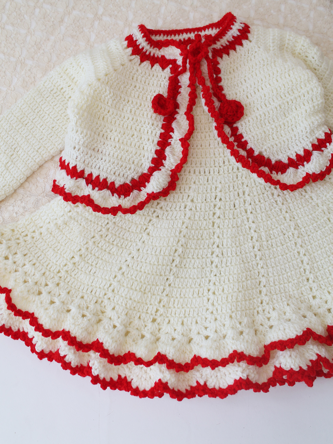 Woonie Crochet Self Design Frock with Matching Shurg - Cream
