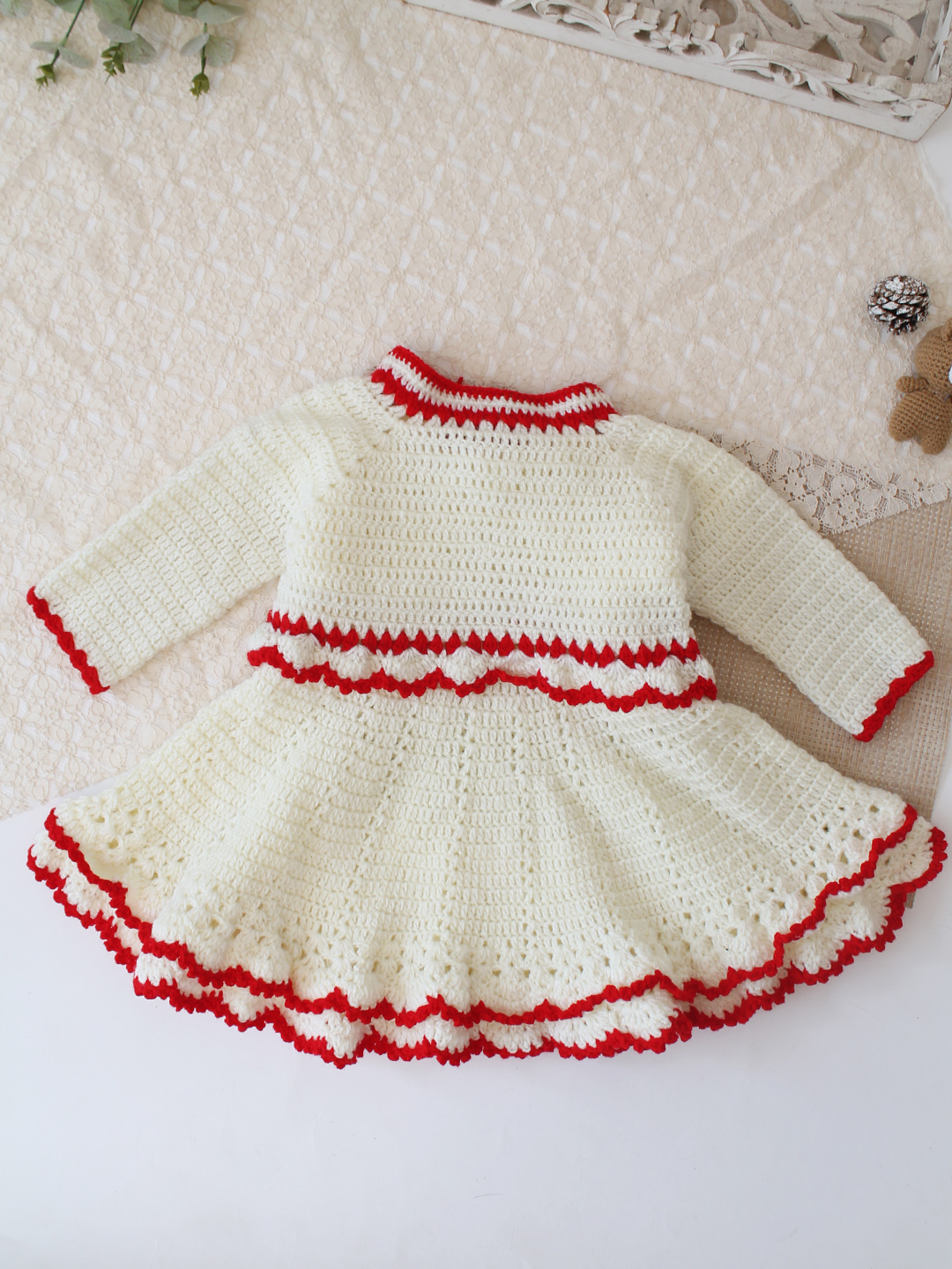 Woonie Crochet Self Design Frock with Matching Shurg - Cream