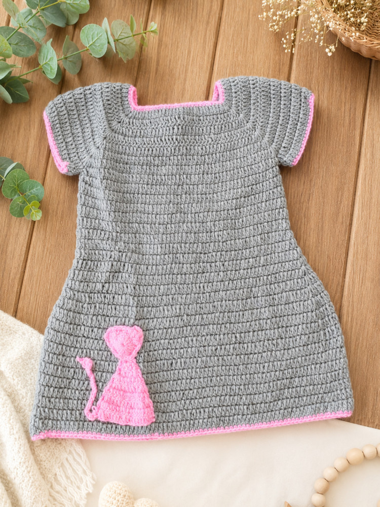 Image of Woonie Crochet Cat Applique Frock - Dark Grey
