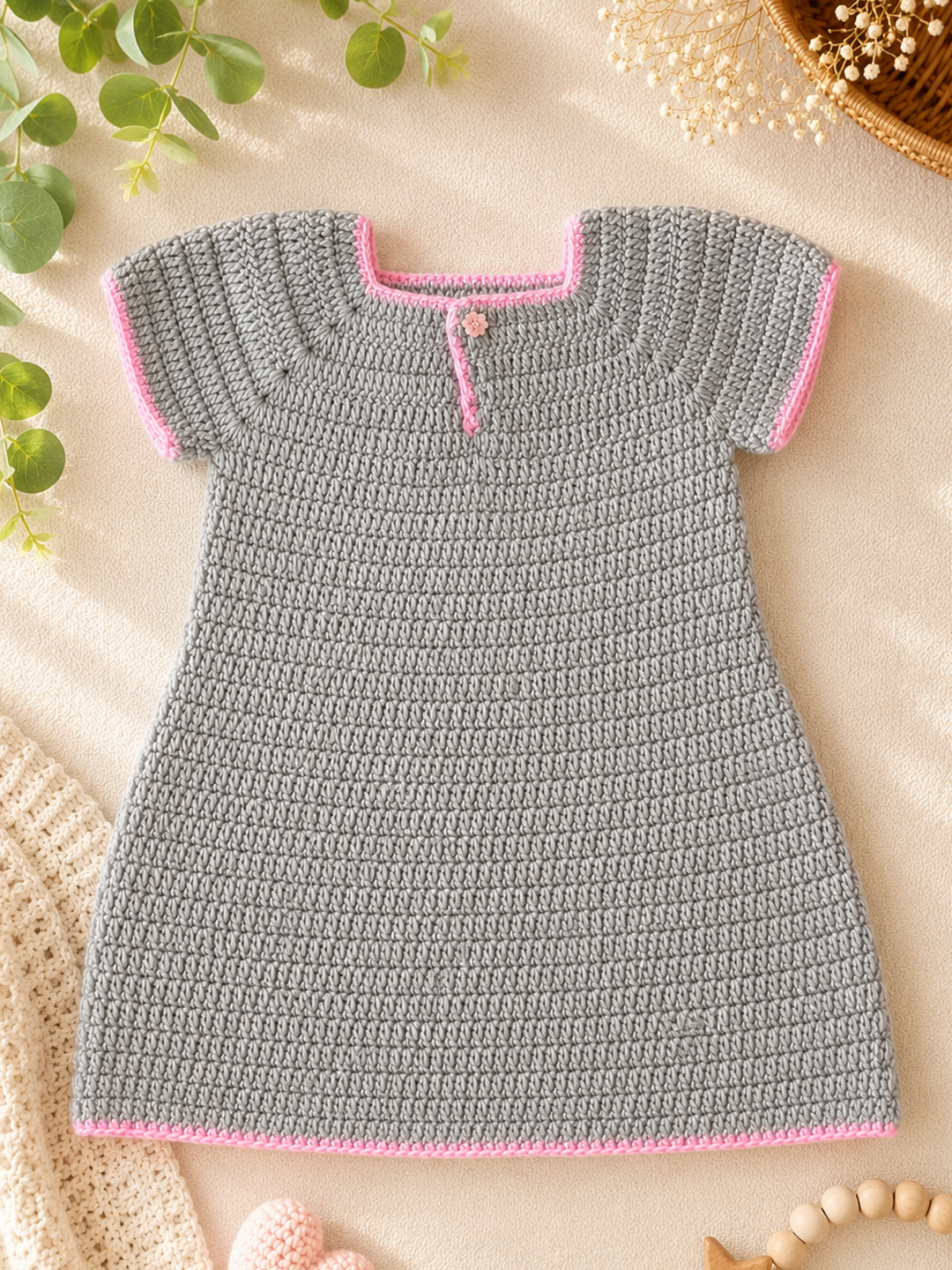 Woonie Crochet Cat Applique Frock - Dark Grey