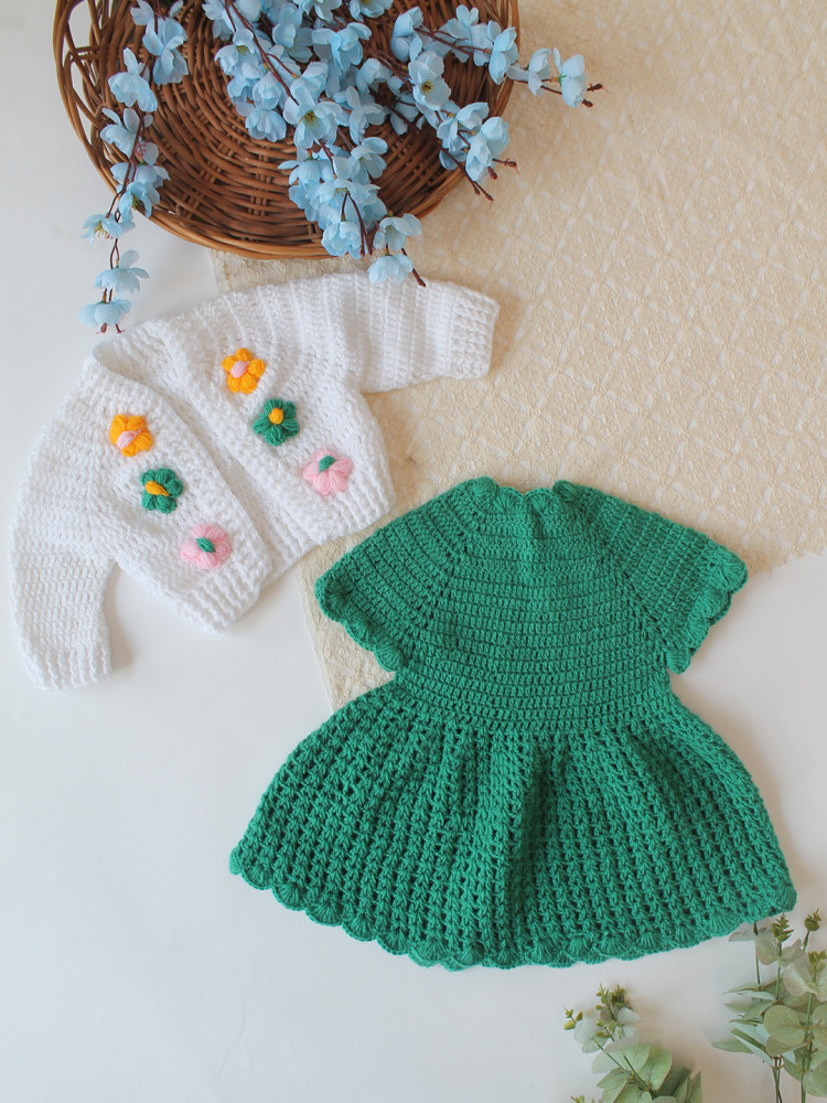 Image of Woonie Crochet Floral Applique Frock with Matching Shurg - Green